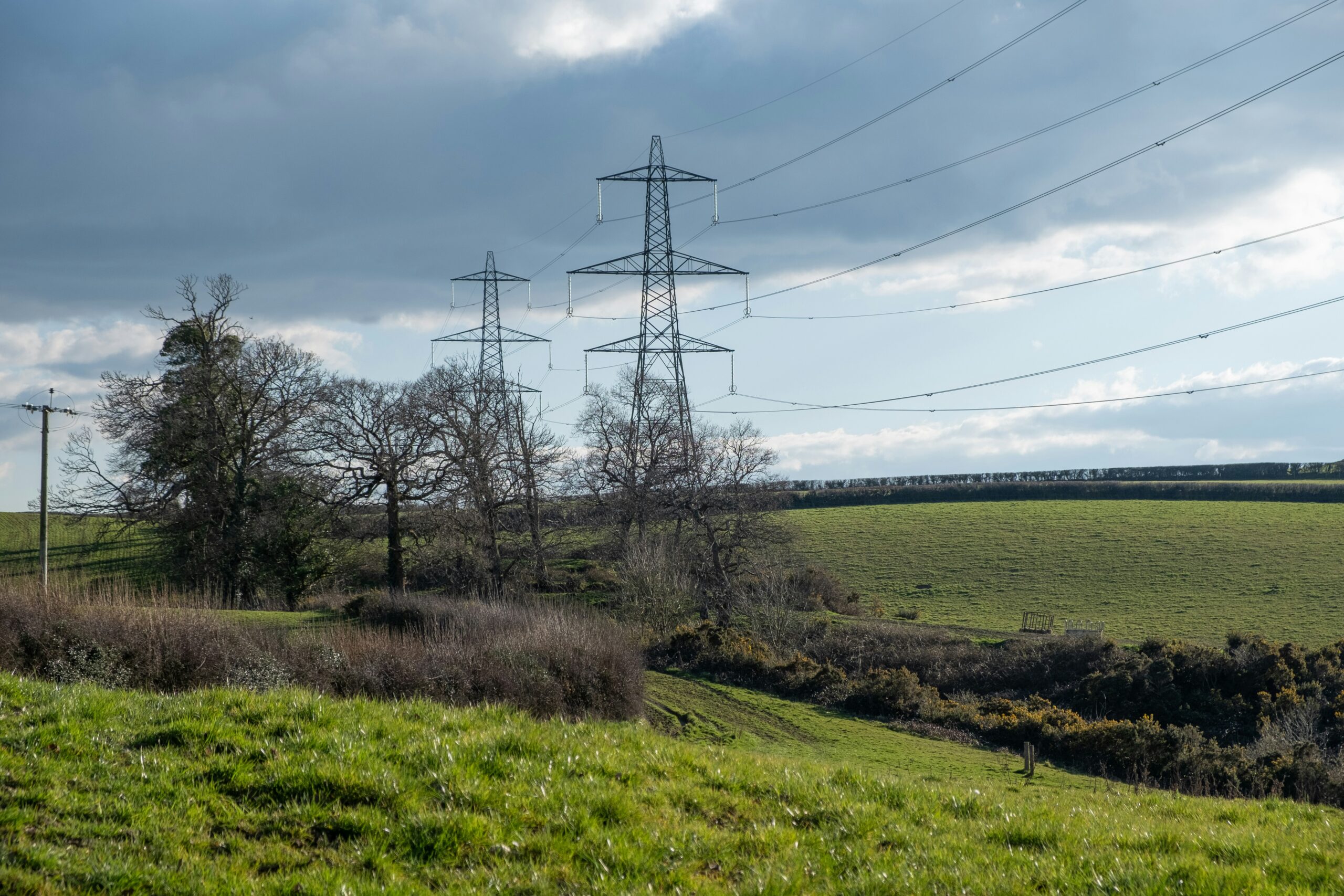 English countryside with electricity powerlines